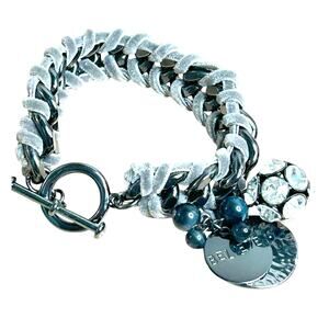 Chunky Gunmetal Curb Link Bracelet Velvet Weave Rhinestone Ball & Believe Charm
